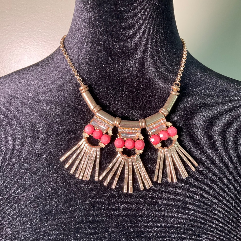 VTGStyle Gold Tone Coral Bead Rhinestone Geometric Fringe Statement Bib Necklace - Picture 1 of 10